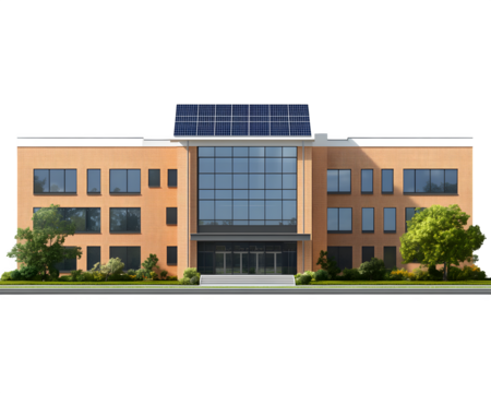 realistic school building mockup, front view with solar panels, isolated on transparent background - Powered by Adobe