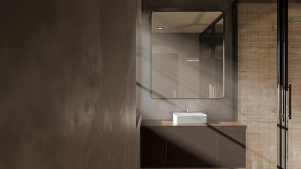 Minimalist bathroom interior 3D render featuring modern vanity, wall mirror, rainfall shower, and soft natural lighting through window. Concrete and wood textures enhance warmth and elegance.