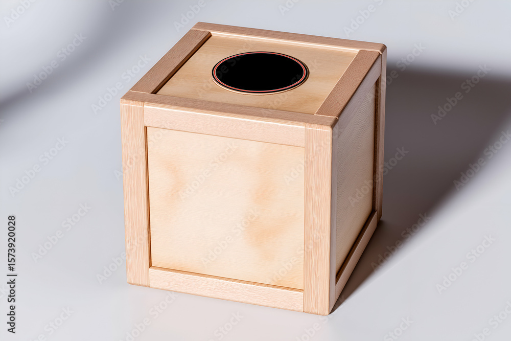 Poster wooden box with circular opening object for household use display. mock up promotion information for
