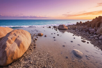 Rocks and pebbles, purple and orange golden hour sunset evening sky horizon sea wallpaper background