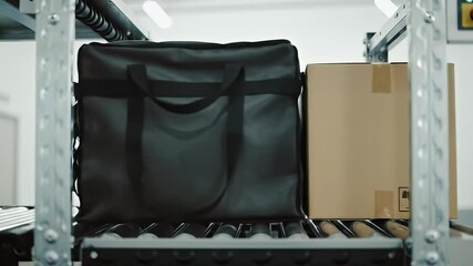 Package on conveyor belt near bag, lit with tube lights, clean background - Powered by Adobe