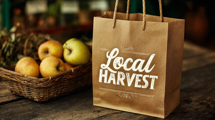 Brown kraft paper bag labeled Local Harvest beside a basket of fresh apples on a rustic wooden table in a market-style setting