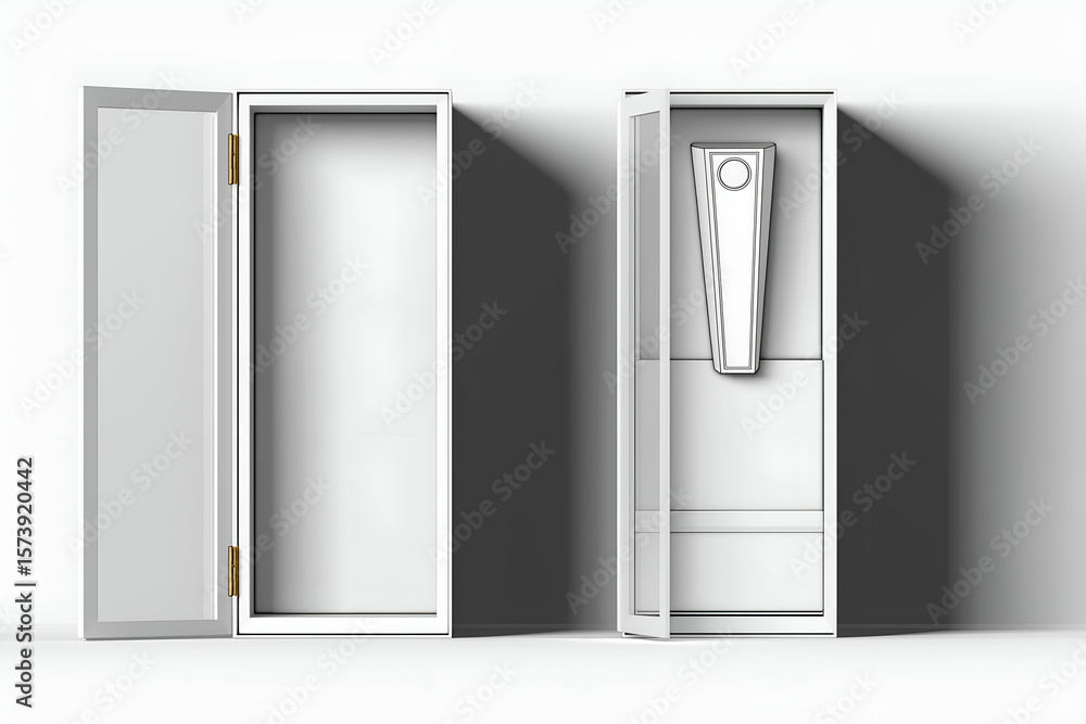 Poster open white display case revealing a modern design element inside. mock up promotion information for 