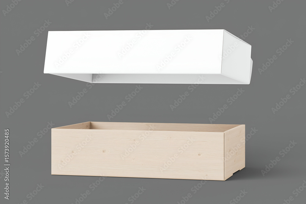 Poster open wooden drawer and top panel floating ready for assembly. mock up promotion information for mark
