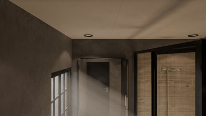 Minimalist bathroom interior 3D render featuring modern vanity, wall mirror, rainfall shower, and soft natural lighting through window. Concrete and wood textures enhance warmth and elegance.