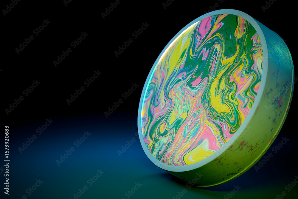 Aufkleber abstract swirls in a colorful disc with glowing edges on dark background. mock up promotion informat