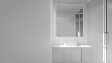 Minimalist bathroom interior 3D render featuring modern vanity, wall mirror, rainfall shower, and soft natural lighting through window. Concrete and wood textures enhance warmth and elegance.