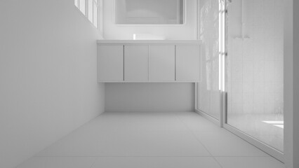 Minimalist bathroom interior 3D render featuring modern vanity, wall mirror, rainfall shower, and soft natural lighting through window. Concrete and wood textures enhance warmth and elegance.