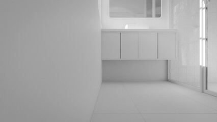 Minimalist bathroom interior 3D render featuring modern vanity, wall mirror, rainfall shower, and soft natural lighting through window. Concrete and wood textures enhance warmth and elegance.