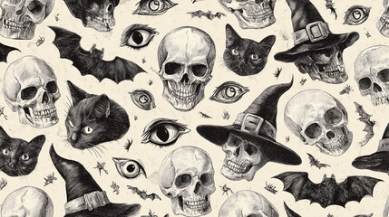 Black and White vintage style Halloween pattern with skulls black cats bats witch hats and eyes in hand-drawn monochrome illustration