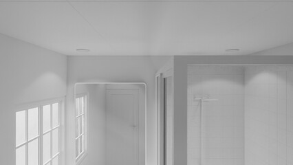 Minimalist bathroom interior 3D render featuring modern vanity, wall mirror, rainfall shower, and soft natural lighting through window. Concrete and wood textures enhance warmth and elegance.