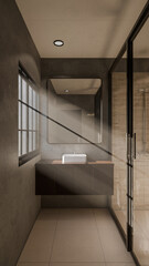 Minimalist bathroom interior 3D render featuring modern vanity, wall mirror, rainfall shower, and soft natural lighting through window. Concrete and wood textures enhance warmth and elegance.