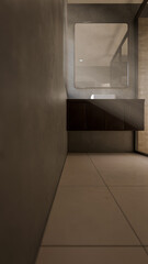 Minimalist bathroom interior 3D render featuring modern vanity, wall mirror, rainfall shower, and soft natural lighting through window. Concrete and wood textures enhance warmth and elegance.