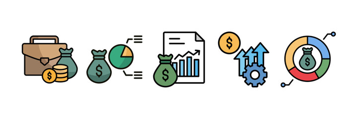Asset Management Icon Set Multiple Style Collection, Containing design Investment Portfolio, Budget Allocation, Financial Data, Budget Allocation, Financial Improvement