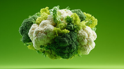 Floating broccoli and cauliflower mix on green background, CGI 3D render
