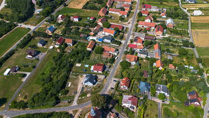 View from above of the settlement Poland, Mietkow, Bozhigniew. Drone view.