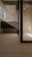Minimalist bathroom interior 3D render featuring modern vanity, wall mirror, rainfall shower, and soft natural lighting through window. Concrete and wood textures enhance warmth and elegance.
