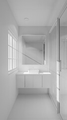 Minimalist bathroom interior 3D render featuring modern vanity, wall mirror, rainfall shower, and soft natural lighting through window. Concrete and wood textures enhance warmth and elegance.