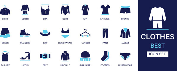 Clothes icon set collection. Shirt, bra, coat, pajama, apparel, trunks, dress, trainers, cap, beachwear, hanger, pant, jacket and best solid icon set.