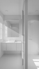 Minimalist bathroom interior 3D render featuring modern vanity, wall mirror, rainfall shower, and soft natural lighting through window. Concrete and wood textures enhance warmth and elegance.