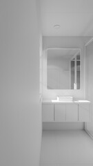 Minimalist bathroom interior 3D render featuring modern vanity, wall mirror, rainfall shower, and soft natural lighting through window. Concrete and wood textures enhance warmth and elegance.