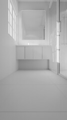 Minimalist bathroom interior 3D render featuring modern vanity, wall mirror, rainfall shower, and soft natural lighting through window. Concrete and wood textures enhance warmth and elegance.