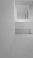 Minimalist bathroom interior 3D render featuring modern vanity, wall mirror, rainfall shower, and soft natural lighting through window. Concrete and wood textures enhance warmth and elegance.