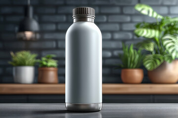 Displaying reusable water bottle against a dark brick wall with plants. Mock up promotion information for marketing announcements and details, blank white space