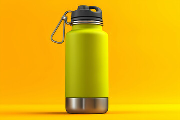 Green Water Bottle on Orange Background Ready for Outdoor Adventure. Mock up promotion information for marketing announcements and details, blank white space
