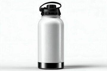 White metal water bottle with black accents for hydration purposes. Mock up promotion information for marketing announcements and details, blank white space