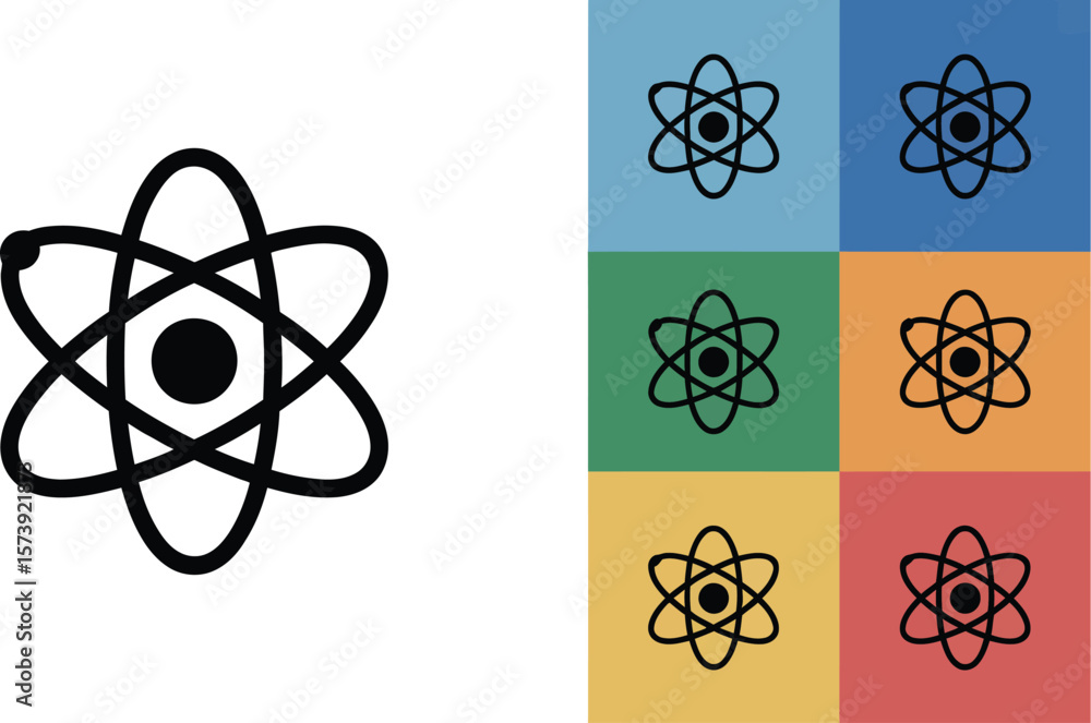Poster an image featuring a black atom symbol on a white background and a grid of atoms on colored squares