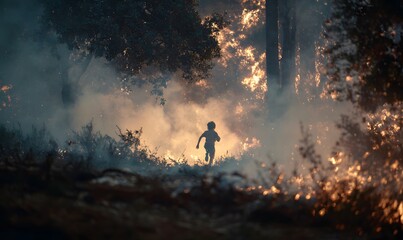 Fototapeta premium Person running from wildfire scene, thick smoke fire in forest
