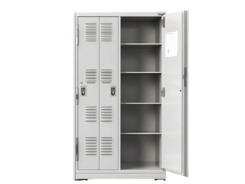 realistic school locker mockup, angled view with an open door, isolated on transparent background