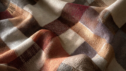 Close-up of soft woven plaid fabric with checkered pattern in earthy autumn tones, showing texture and natural folds under warm lighting