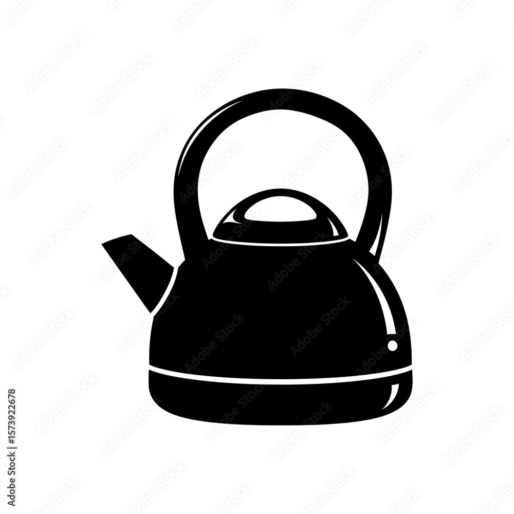 Poster a black and white illustration of a kettle with a handle and spout on a white background simple desi