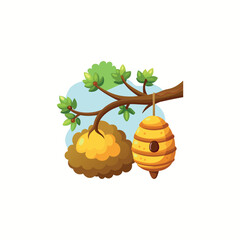 A bee hive hangs on a tree branch vector illustration in cartoon childish style isolate