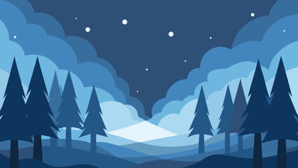 Fototapeta premium Winter Christmas landscape vector illustration with snow-covered mountains, pine trees, and a starry night sky