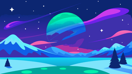 Obraz premium Moonlit winter landscape with snow-covered mountains and a starry sky