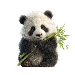 Playful Cartoon Panda Holding Bamboo in a Lush Green Forest High Fidelity Detail Cute Animal Illustration