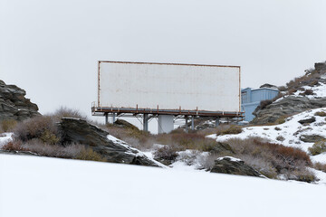 Billboard in Snowy Landscape with Rocks and Winter Vegetation. Mock up promotion information for marketing announcements and details, blank white space
