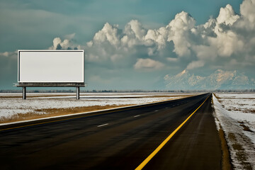 Blank Billboard Beside a Road with Distant Mountains and Cloudy Skies. Mock up promotion information for marketing announcements and details, blank white space