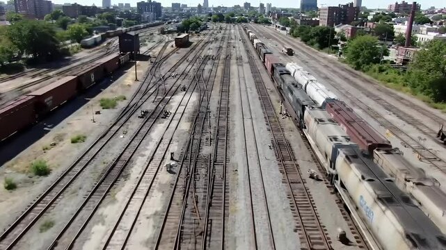 Aerial view of a train yard with tracks and cars in an urban environment