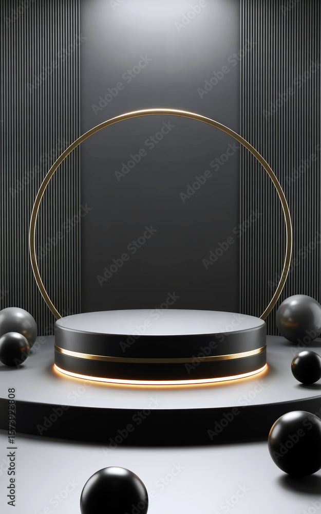 Poster 3d rendered illustration of empty round podium and box with ball isolated on white background