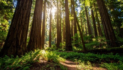 Fototapeta premium Sunlit majestic Redwood forest view