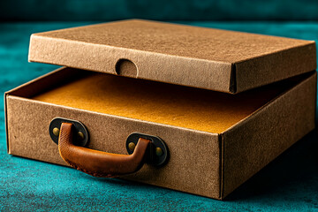 Opening cardboard box with handle and lid on textured surface. Mock up promotion information for marketing announcements and details, blank white space