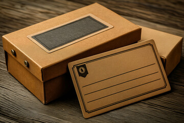 Organizing Box with Blank Label Card on Wooden Surface. Mock up promotion information for marketing announcements and details, blank white space