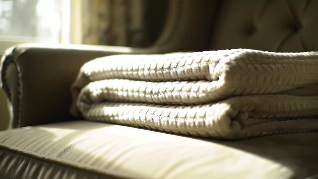 Folded blanket sits on a plush armchair in soft, natural light