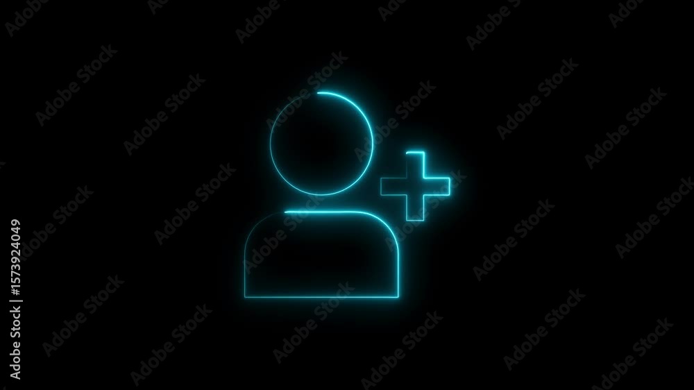 Poster animated neon icon of a person with a plus sign for user profile addition