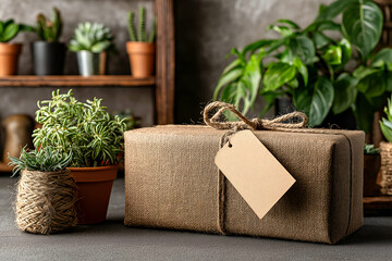 Present Wrapped in Burlap with Plants Creating a Rustic Vibe. Mock up promotion information for marketing announcements and details, blank white space
