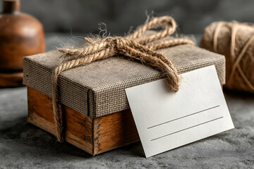 Wrapped Gift Box with Twine Bow and Blank Card on Table. Mock up promotion information for marketing announcements and details, blank white space